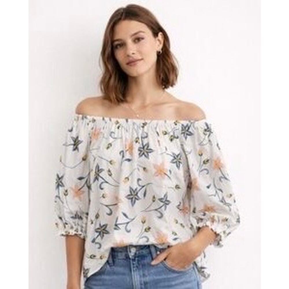 CeCe On Off Shoulder Blouse White Floral Cotton Top Puff Sleeves Women's M